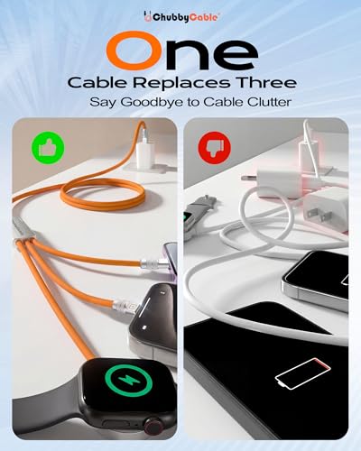 chubbycable 3 in 1 Silicone USB C Cable for Apple Watch, All Black, 4.1FT - color: All Black