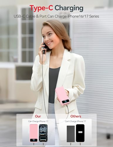 aonidi Portable Charger 20000mAh with Built-in Cables&AC Wall Plug, Pink - color: Light Pink