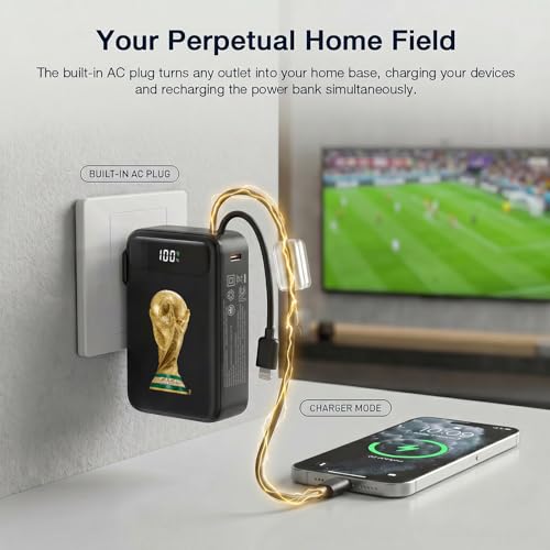 2026 FIFA Licensed Power Bank with Built-in Cable and Foldable Wall Plug, 22.5W 10000mAh Portable Charger, 3-in-1 Power Bank for iPhone 17/16/15 Series, FIFA World Cup 2026 Official Merchandise, Black - color: Black