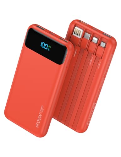 Nusyddy Portable Charger 10000mAh with 4 Built-in Cables & 6 Outputs Red - color: Red