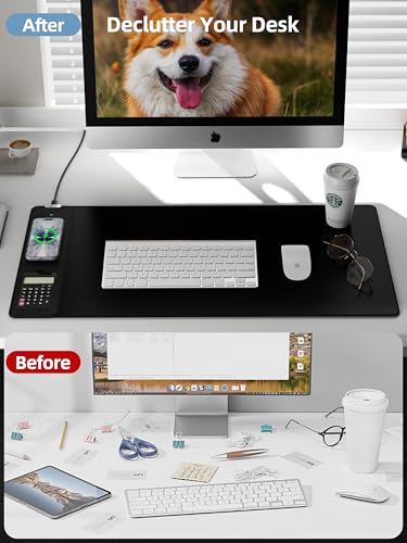 Mouse Pad 31.5x15.75 Inch with Calculator, 15W Magnetic Wireless Charging Desk Mat, XXL Desk Pad, Home Office Large Keyboard Pad with Ultra-Smooth Surface, Non-Slip Base (Black with 20W PD Charger) - color: 31.5x15.75"magnetic Calculator No Rgb-black W/Pd