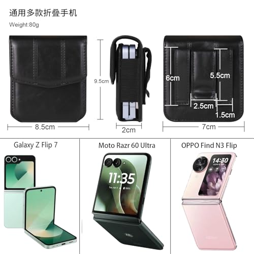 Galaxy Z Flip 5G Waist Belt Bag Leather, Mobile Phone Holster Wear Belt Waist Pack Leather Case with Belt Loop Compatible with Samsung Galaxy Z Flip 7 6 5 4 3 5G (SM-F700 SM-F707 SM-F711) Moto RAZR - color: Black