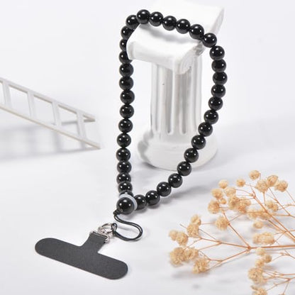 Agate Beaded Phone Wrist Strap for Women Men Stone Beads Charm Handmade Cellphone Chain Lanyard with Tether Tab - color: Black-2, size: 8mm Beads