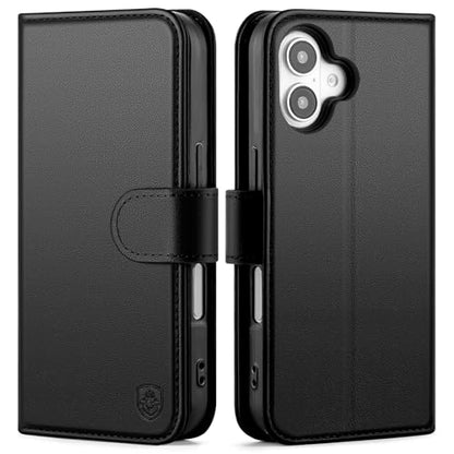 Compatible with iPhone 16 Genuine Leather Case Wallet with Card Holder,Women Men Real Leather Flip Folio RFID Blocking Credit Card Slots Kickstand Phone Cover,for Apple 16 6.1",Black - color: Black, size: iPhone 16 - 6.1"