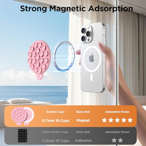 Magnetic Suction Cup Phone Mount with MagSafe, Silicone Hands-Free Grip Holder for iPhone Case and Android, Mirror Shower Phone Stand for Makeup FaceTime Gym Kitchen Bathroom, Pink - color: Pink