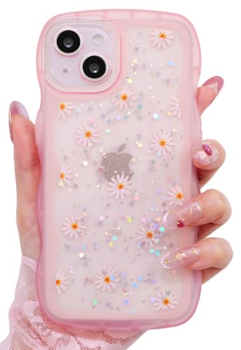 Glitter case for iPhone 13/14 Flowers Pink | Bling Sparkle Glitter，Flowers，Full Protection Soft TPU，Kawaii Cute Phone Case for Women Girls - color: Flowers Pink