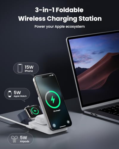 3 in 1 Wireless Charger Station for iPhone, 2026 Upgraded Travel Foldable Magnetic 15W Fast Wireless Charging Stand for Mag-Safe with 30W USB C Adapter for iPhone 17/16/15/14/13/12,Apple Watch,AirPods