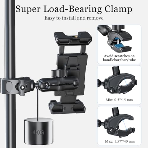OHLPRO Tablet Mic Stand Holder for iPad Treadmill Handlebar Clamp, Mount for Spin Bike Microphone Peloton Stroller, Fit 5-13” iPad Pro 12.9 Air Mini, Galaxy Tab, iPhone, Fire HD 10-4" Arm - size: 4" Arm