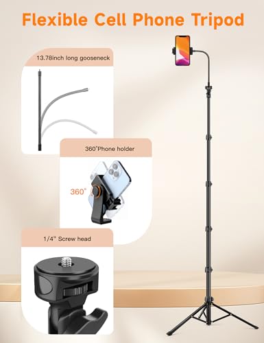 Phone Tripod, 86" Tall Tripod for iPhone with Flexible Gooseneck & Remote - size: 86 inch
