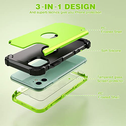 IDweel for iPhone 11 Case with Screen Protector(Tempered Glass), Hybrid 3 in 1 Shockproof Slim Fit Heavy Duty Protection Hard PC Cover Soft Silicone Bumper Full Body Case,Grass Green/Black - color: Grass Green/Black
