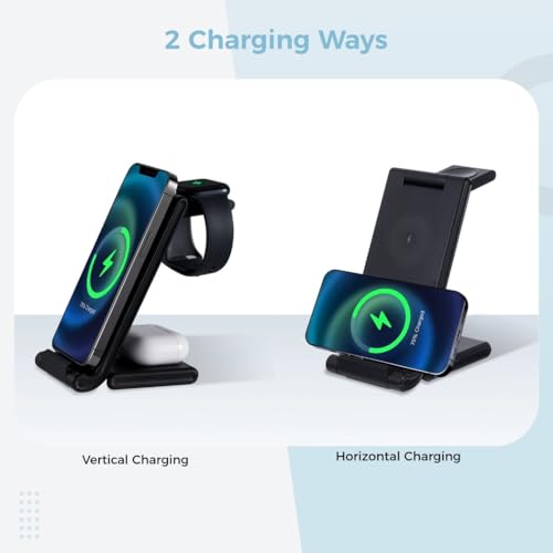 3 in 1 Charging Station for Phone Smartwatch and Earbuds, 15 W Fast Wireless Charger Stand, Foldable and Portable Dock for Multiple Devices, Compatible with Qi-Enabled Smartphones