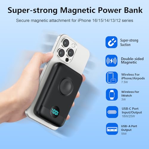 Magnetic Portable Charger for iPhone and Apple Watch, 10800mAh 25W PD Fast Charging USB C Power Bank, 4 Outputs Dual-Side Magnet Travel Essentials Battery Pack for iPhone 18/17/16/15/14/13/12 Series - color: Black