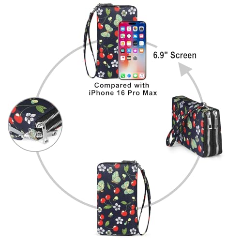 RFID Blocking Cellphone Wallet for Women with Wrist Strap, Double Zipper Travel Clutch Purse Large Capacity, Cherry - color: Cherry