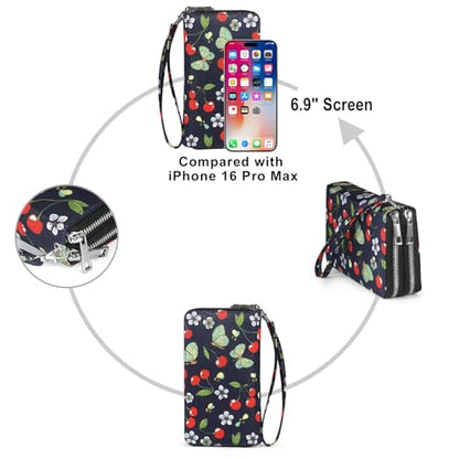 RFID Blocking Cellphone Wallet for Women with Wrist Strap, Double Zipper Travel Clutch Purse Large Capacity, Cherry - color: Cherry