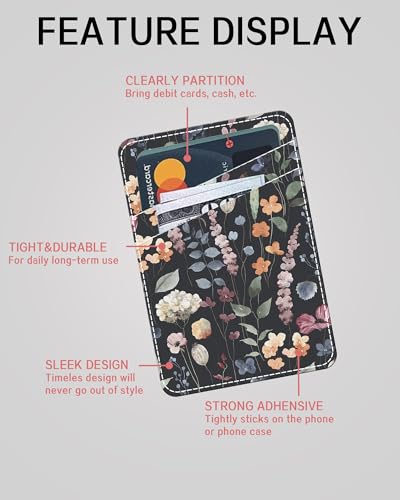Phone Card Holder, Dual Pocket Leather Phone Wallet Adhesive Stick On, Cute Card Holder, Credit Card Holder for Phone Case Black Boho Flowers - color: Black Boho Flowers