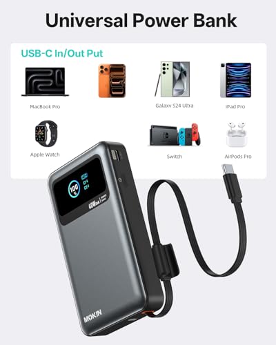 MOKiN 3-in-1 Power Bank,10000mAh 40W Portable Charger with Foldable Plug,Built-in USB-C Cable & LCD Display,Travel Essential Phone Fast Charging Battery Pack,for iPhone 17/16,Samsung etc - color: Grey