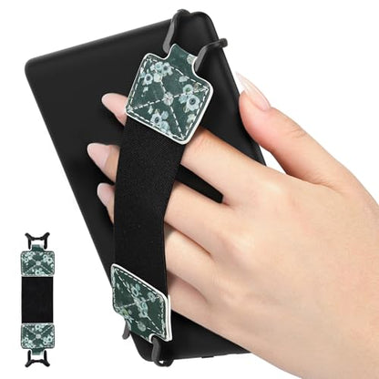 MoKo Security Hand-Strap for 6-8" eReaderFire Tablet, Kindle/Kobo/Voyaga/Lenovo/Sony Kindle E-Book Tablet, Elastic Versatile Hand Strap Lightweight Finger Grip Holder, Flowers on Dark Green - color: C-flowers on Dark Green, style: Black Strap