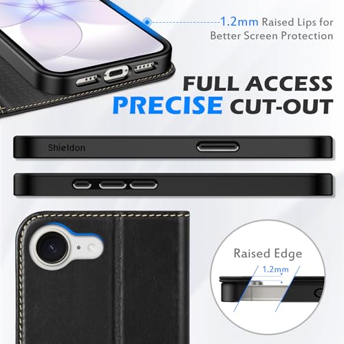 SHIELDON Genuine Leather Wallet Case for iPhone 17e/16e 6.1", Retro Black | Magnetic Closure, RFID Blocking, Credit Card Holder, Kickstand, Folio Design, Shockproof Phone Cover for Men Women - color: Retro Black