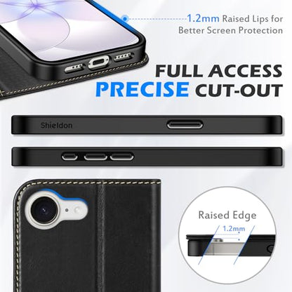SHIELDON Genuine Leather Wallet Case for iPhone 17e/16e 6.1", Retro Black | Magnetic Closure, RFID Blocking, Credit Card Holder, Kickstand, Folio Design, Shockproof Phone Cover for Men Women - color: Retro Black