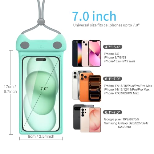 wellhouse Waterproof Phone Pouch, Waterproof Phone Case for iPhone 17 16 15 14 Pro Max XS Samsung, IPX8 3D Cellphone Dry Bag Beach Essentials -Kitten Crystal Mint - color: 1 Pack - Kitten Crystal Mint7.0"