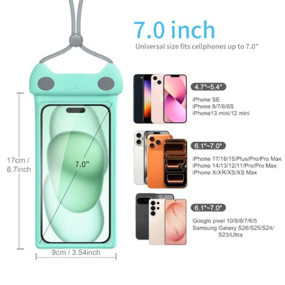 wellhouse Waterproof Phone Pouch, Waterproof Phone Case for iPhone 17 16 15 14 Pro Max XS Samsung, IPX8 3D Cellphone Dry Bag Beach Essentials -Kitten Crystal Mint - color: 1 Pack - Kitten Crystal Mint7.0"