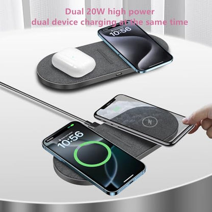 40W Wireless Charging Pad,Dual 20W Charging mat for Apple iPhone 16 15 14 13 12 11 Pro/Max/Mini/Plus/XS/XR,Airpods 4/3/Pro,2 in 1 Wireless Phone Charger for Samsung,Pixel,Xperia(with PD Adapter) - color: Gray with Adapter