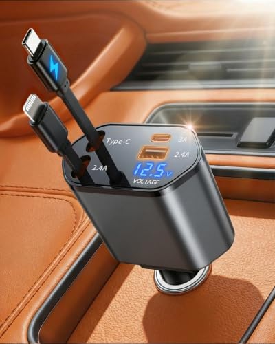 4 in 1 Retractable Car Charger, USB C Fast Charging Adapter, Gray - color: Gray
