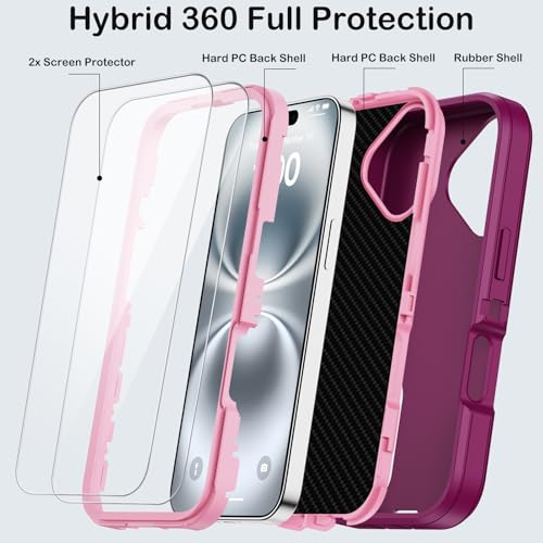 for iPhone 16 Case with Screen Protector, Heavy Duty Shockproof Drop Protection Military Grade Tri-Layer Full Covered Rugged Durable Cell Phone Cover with Built-in Invisible Kickstand 6.1" (Purple) - color: Purple