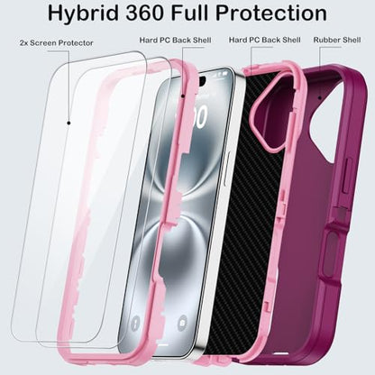 for iPhone 16 Case with Screen Protector, Heavy Duty Shockproof Drop Protection Military Grade Tri-Layer Full Covered Rugged Durable Cell Phone Cover with Built-in Invisible Kickstand 6.1" (Purple) - color: Purple