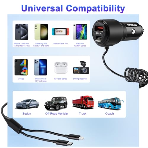 BUNUD Car Charger USB C Fast Charge, 66W Car Phone Charger, 4-in-1 & Coiled