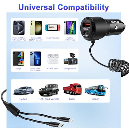 BUNUD Car Charger USB C Fast Charge, 66W Car Phone Charger, 4-in-1 & Coiled