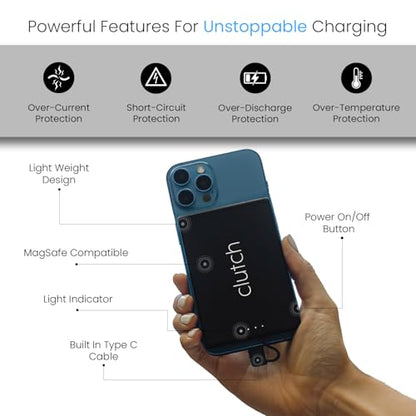 Clutch Pro – World's Thinnest Portable Charger – USB-C Power Bank 5000mAh – Magnetic Built-in Cable – TSA Approved Travel Charger – iPhone 15/16/17 & Android – Black - color: Black
