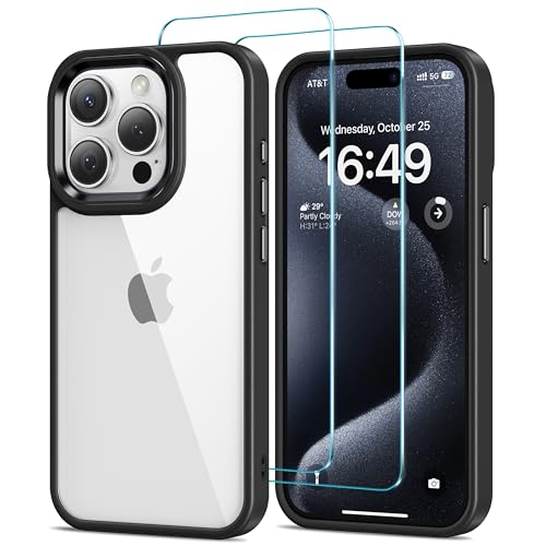 HOOMIL Case for iPhone 15 Pro Max Phone Cover with 2-Pack Tempered Glass Screen Protector, Non-Yellowing, Drop Protection, Anti-Scratch, Transparent, Hard Back - Black Clear - color: Black, size: iPhone 15 Pro Max