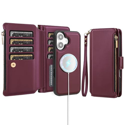 Antsturdy Compatible with MagSafe iPhone 17 Wallet Case,Wine Red | Detachable Magnetic Credit Card Holder,RFID Blocking,PU Leather Zipper Purse,Wrist Strap Kickstand,Flip Phone Cover for Women - color: (Detachable with Magsafe)-Wine Red