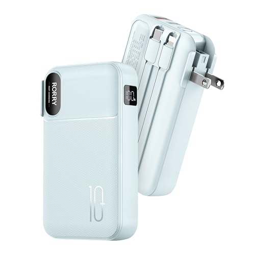 RORRY Portable Charger 3 in 1 with Wall Plug 10000mAh Power Bank for iPhone - color: Blue