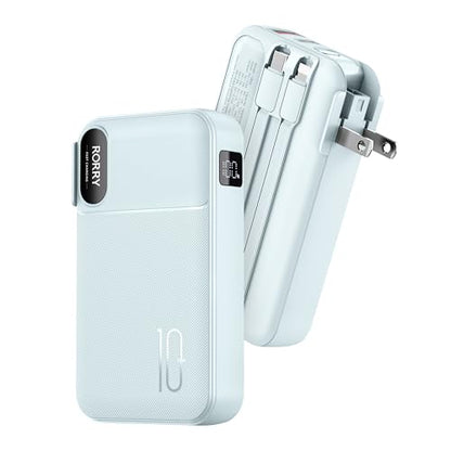 RORRY Portable Charger 3 in 1 with Wall Plug 10000mAh Power Bank for iPhone - color: Blue