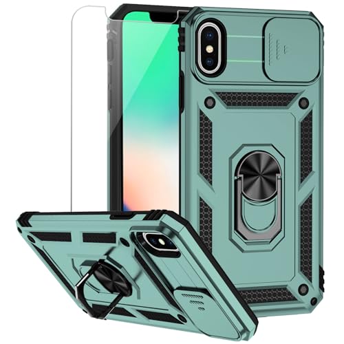 for iPhone XS Max Case with Camera Lens Cover Screen Protector, Dual Layer Military Grade Drop Protection Magnetic Ring Holder Kickstand Protective Phone Case for iPhone XS Max 6.5 inch (Dark Green) - color: Dark Green Military-Grade 2nd gen