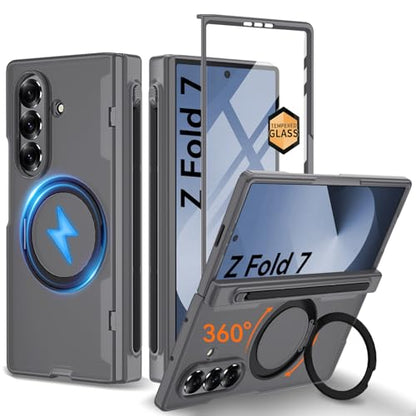 Upgraded 360° Spin Magnetic Invisible Ring Stand for Samsung Galaxy Z Fold 7 Case,[Compatible with MagSafe][S Pen Holder][Hinge Protection][Screen Protector],Shockproof Full Body Phone Cover - color: Grey-1