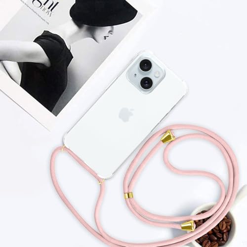 Crossbody Case for iPhone 15 for Women Girls Clear Soft TPU Anti-Yellowing Anti-Scratch Shockproof Protective Phone Cover Case with Adjustable Lanyard Neck Strap for iPhone 15 - Rose Gold - size: for iPhone 15