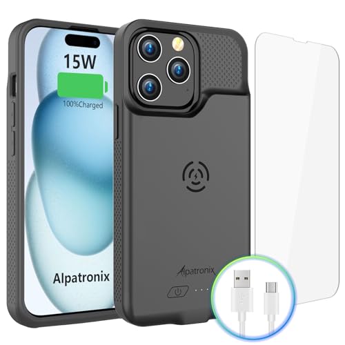 Alpatronix Battery Case for iPhone 15 Pro Max & 15 Plus, Portable Strong Slim Protective Extended Charger Case, 15W Fast Charging, 7000mAh Wireless Charging Case, Apple Pay, CarPlay (BX15PM) –Black - size: iPhone 15 Pro Max and iPhone 15 Plus