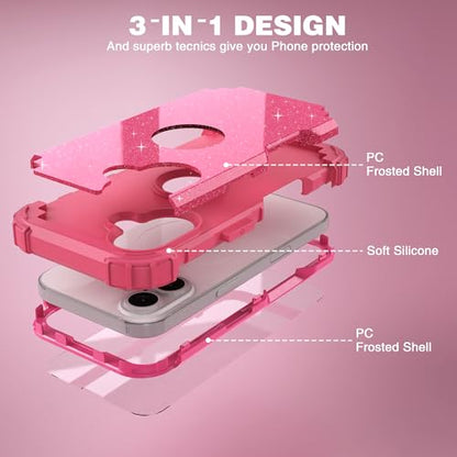 IDweel for iPhone 17 Case with Screen Protector for Women, 3 in 1 Shockproof Slim Fit Hybrid Heavy Duty Hard PC Cover Soft Silicone Bumper Full Body Anti-Fingerprint Case, Glitter Rose Red - color: Glitter Rose Red