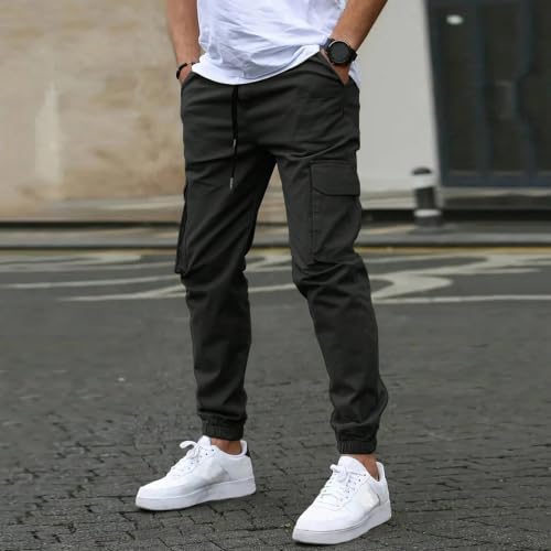 Mens Cargo Pants Casual Baggy Sweatpant Drawstring Waist Cuffed Pants Lightweight Stretch Trousers with Pockets