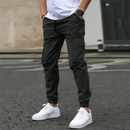 Mens Cargo Pants Casual Baggy Sweatpant Drawstring Waist Cuffed Pants Lightweight Stretch Trousers with Pockets