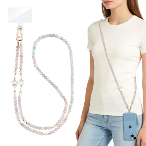 WOZEAH Crystal Cell Phone Lanyard Crossbody Strap for Women, Beaded Phone Strap for Cellphone Case with Tether Tab - color: Pink Green Stars