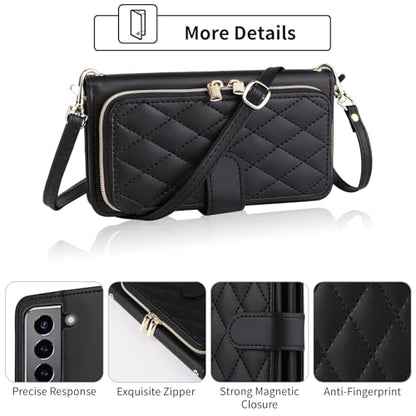Wallet Case for Samsung Galaxy S22 5G with Detachable Wrist Strap, 9+ Card Slots Zipper Purse, Luxury PU Leather Stand Full Body Cell Phone Cover for S 22 22S 4G G5 6.1 inch Women Girls Black | Wrist/Shoulder Strap, 9+ Card Slots Purse, Luxury PU Leather,