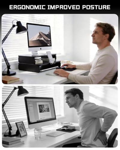 Wooden Monitor Stand Riser with Hidden Phone Holder, Black