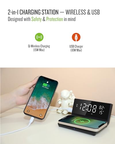 Soundfreaq Charge Rise II, SFQ-20: Digital Alarm Clock, with Fast USB Charger and Wireless Charger (Black, Home) - color: Black