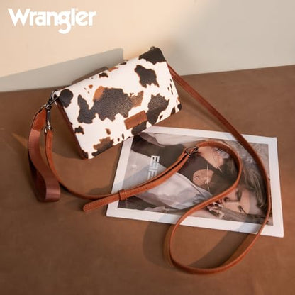 Wrangler Wallets for Women Cow Print Crossbody Purses Large Capacity Western Women's Cash Wallets with ID Window and Crossbody Strap - color: A-cow Brown