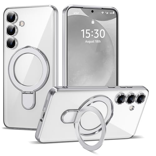 Compatible with Samsung Galaxy S24 Plus Case with Magnetic Ring Stand [Compatible with Mag-Safe] [Full Camera Lens Protector] Plating Clear Phone Case for Samsung S24 Plus 6.7", Silver - color: Silver, size: Samsung Galaxy S24 Plus