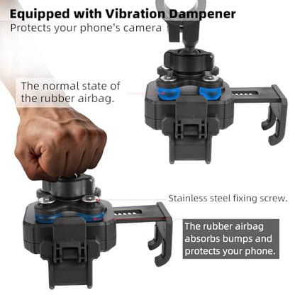 Motorcycle & Bike Phone Holder Mount with Vibration Dampener [Camera Friendly] [1-Second Lock & Release] [Aluminum Alloy Handlebar Clamp Base] for iPhone 17/16/15 Series, 4.7-7" Smartphones